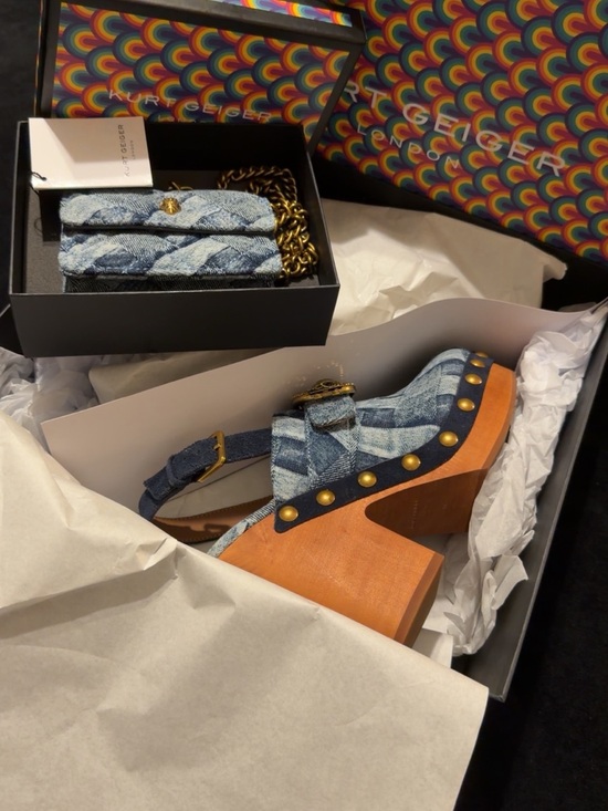 Kurt Geiger Shoes - Kurt Geiger Denim Studded Wooden Clogs with Gold Accents and Matching Purse